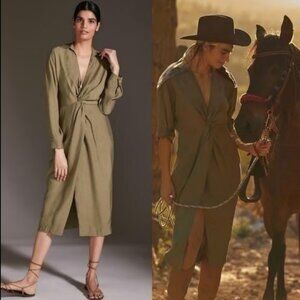 Anthropologie Graziella Twist-Waist Shirt Dress size 14 olive green